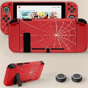 P-X Protective Case for Nintendo Switch 2017, TPU Cover with Red Spider Web Design & 4 Thumb Grips - Full Console and Joy-Con Protection