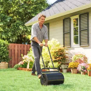 20-Inch Push/Tow Behind Lawn Roller Filled with 10 Gal Water or Sand for Flattening Sod in the Garden Black Rugged Steel Cylinder U-shaped Handle