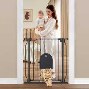CAVEEN 29.5-33.4" Pet Gate with Adjustable Cat Door, Extra Wide Metal Cat Gate for Stairs Doorways, Auto Close Dog Gate with Pet Door for House, Pressure Mounted Easy Walk Through, Baby Gate (30" Tall, Black)