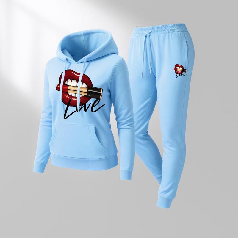 Women's Lipstick Love Letter Print Hoodie And Drawstring Track Pants Set, Casual Sportswear, Long-Sleeved Hooded Jacket And Pants, Suitable For Autumn And Winter, Everyday Wear, Indoor And Outdoor Sportswear, Casual Sportswear. Women's Lipstick Love Letter Print Hoodie And Drawstring Track Pants Set, Casual Sportswear, Long-Sleeved Hooded Jacket And Pants, Suitable For Autumn And Winter, Everyday Wear, Indoor And Outdoor Sportswear, Casual Sportswear.