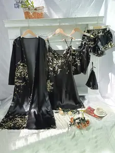 Plus Size Floral Print Five-piece Set, Draped Dress & Ruffle Shorts & Cami Top & Long Sleeve Belted Robe & Bag, Casual Comfy Womenswear Loungewear Set