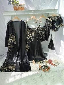 【plus size】 floral print five-piece set, draped dress & ruffle shorts & cami top & long sleeve belted robe & bag, casual comfy satin loungewear set, night gown women, women's clothing, longsleeves lounge sets, womenswear, nightwear, glam lounge wear