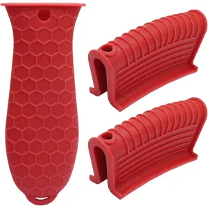 Cast Iron Handle Cover 3 Pack, Heat Resistant Material Pot Handle Holders, Non-Slip Pot Sleeve for Cast Iron Skillets, Metal Pans, Griddles (Red)