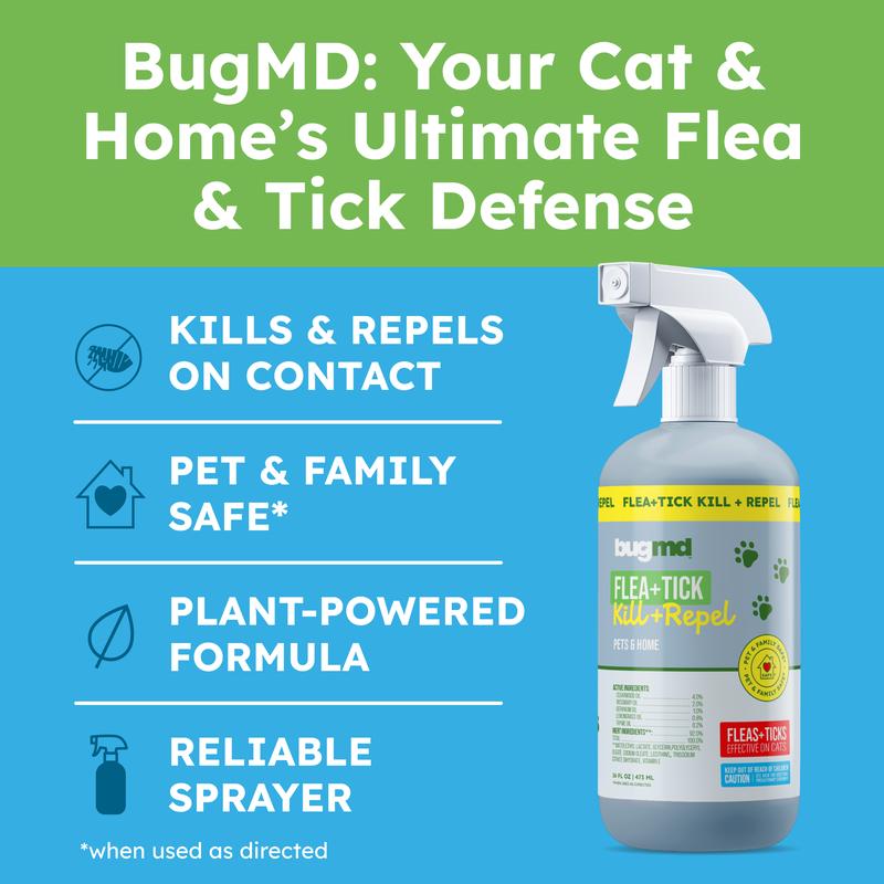 BugMD Flea & Tick Spray for Cats & Home – Plant-Based Formula with Cedarwood Oil – Indoor/Outdoor Use – 16 oz
