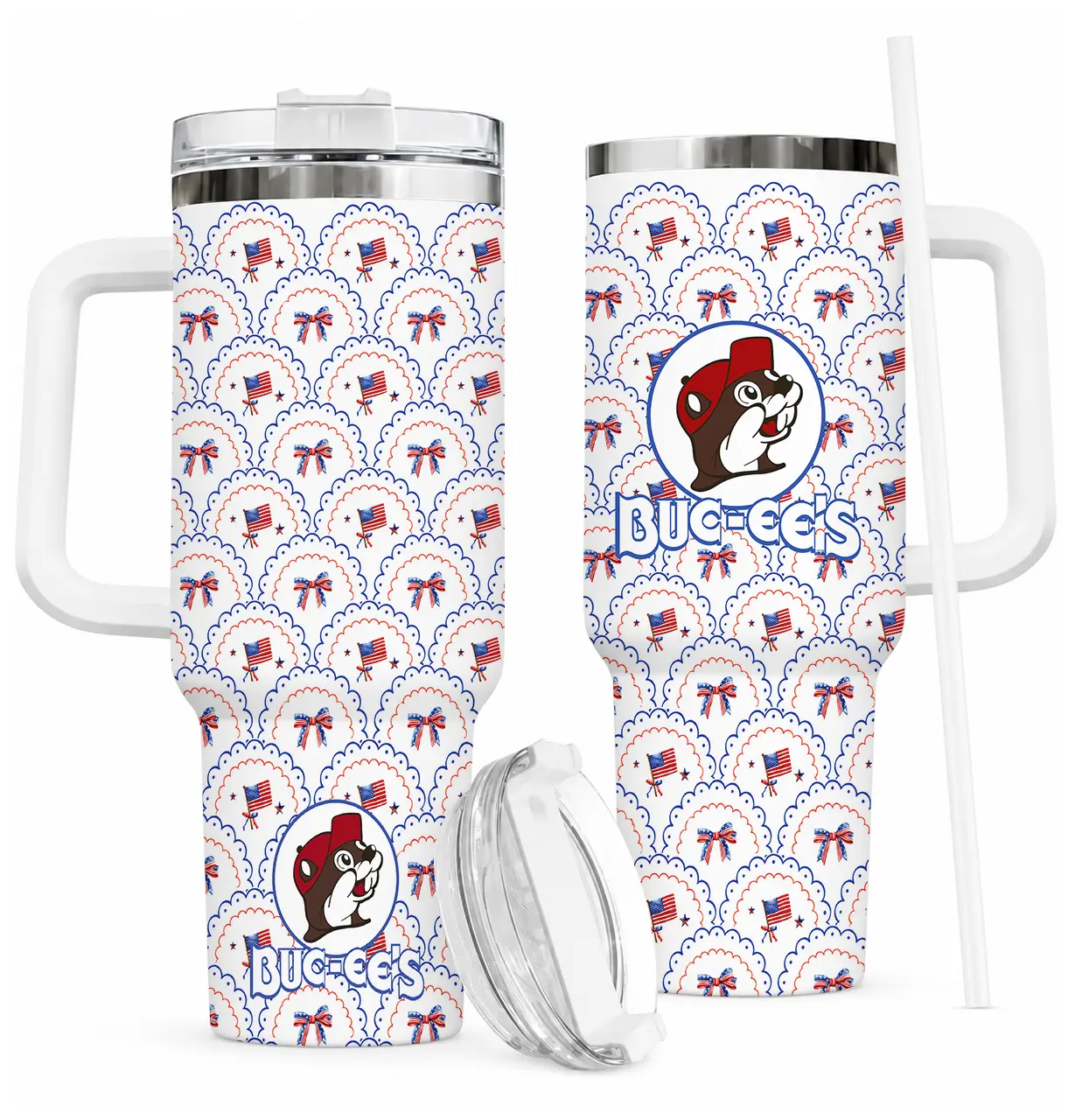 Buc-ee's Patriotic 40oz Insulated Tumbler with Handle and Straw, American Flag Bow Scallop Pattern Travel Mug, Double Wall Vacuum Leak-Proof Water Bottle, Fan Merch Gift