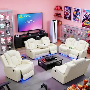 Lifestyle White Breathing Leather 3-Piece Living Room Recliner Sofa Set with Adjustable Backrest and Storage Pocket Lounge Ergonomic