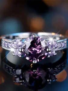 Cute Female Purple Zirconia Round Stone Ring Silver Color Engagement Charm Wedding Jewelry For Women Cubic Zirconia Rings