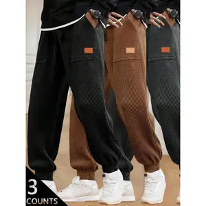 Men's 3-Pack Corduroy Jogger Pants - Black, Brown & Dark Grey - Elastic Waist with Drawstring, Ribbed Cuffs, PU Patch Detail - Perfect for Streetwear, Casual, Autumn Winter Wear - S-3XL Sizes