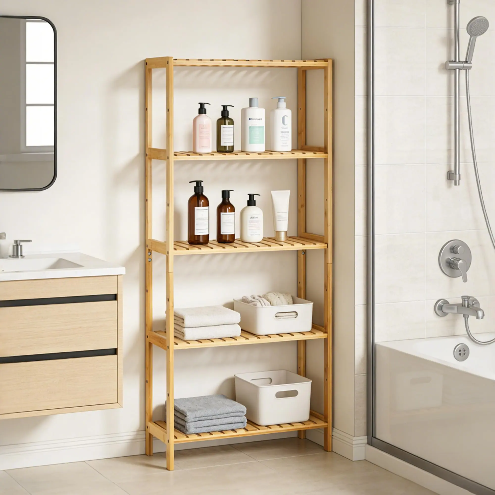 5-Tier Wide Bamboo Shelf, Narrow Bathroom Storage Rack – Natural Wood Slatted Shelves, Space-Saving Corner Organizer for Towels, Plants, Entryway