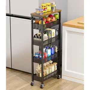 Slim Storage Cart 5 Tier Narrow Kitchen Rolling Cart on Wheels for Small Space, Metal Utility Cart Narrow Bathroom Storage Cabinet Mobile Shelf Unit Organizer with  Top and Handle, Black