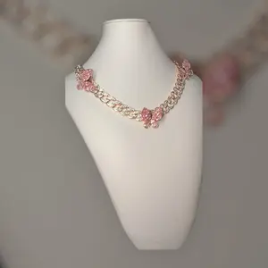 Hips Hops Iced Out Butterfly Cuban Link Necklace with Rhinestone Accents, Pink Color, Cuban Chain Design, Miami Cuban Style