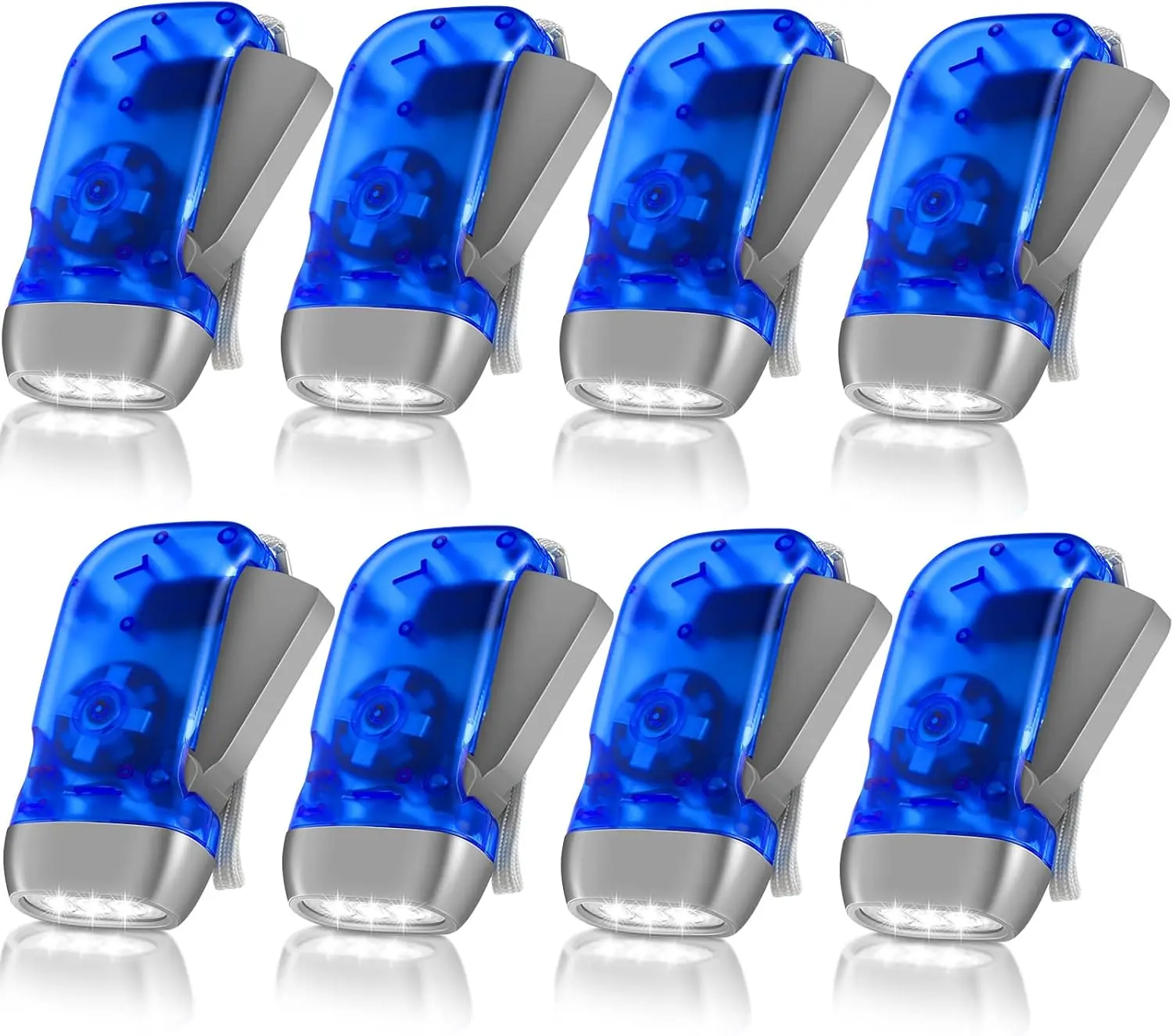 8-Pack Hand Crank LED Emergency Flashlight - No Battery, Portable Wind-Up Safety Tool with 3 LEDs for Friends, Family, Adults - Camping, Home Power Outage (Blue)