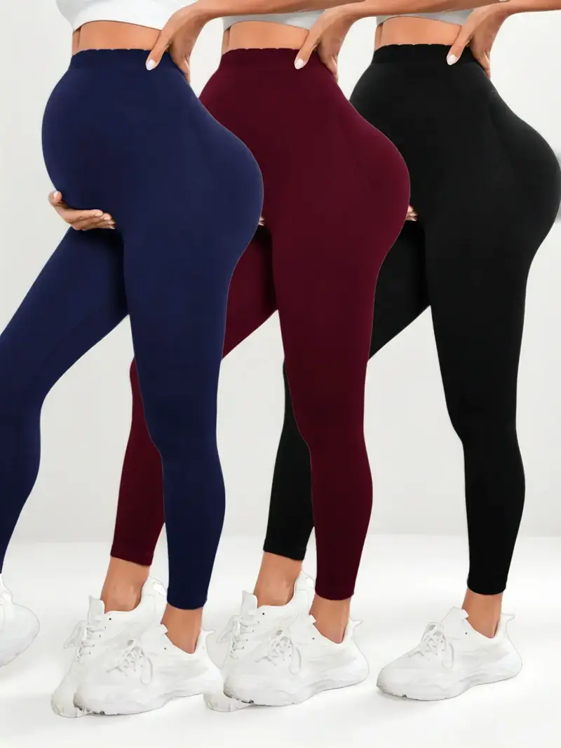 Maternity Solid High Waist Leggings, Maternity Yoga Pants, High Stretch Seamless Maternity Activewear for Pregnancy & Postpartum, Prenatal Maternity Clothing