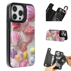 Pink Shell Marine Life Pattern Leather Card Holder Phone Case, Suitable for iPhone 17 Air/16 Plus/15 Pro Max/14 Pro/13/12/11/XS Max/X Phone Case, Perfect Gift for Thanksgiving and Christmas for Family, Friends, Lovers, Boyfriend, Girlfriend