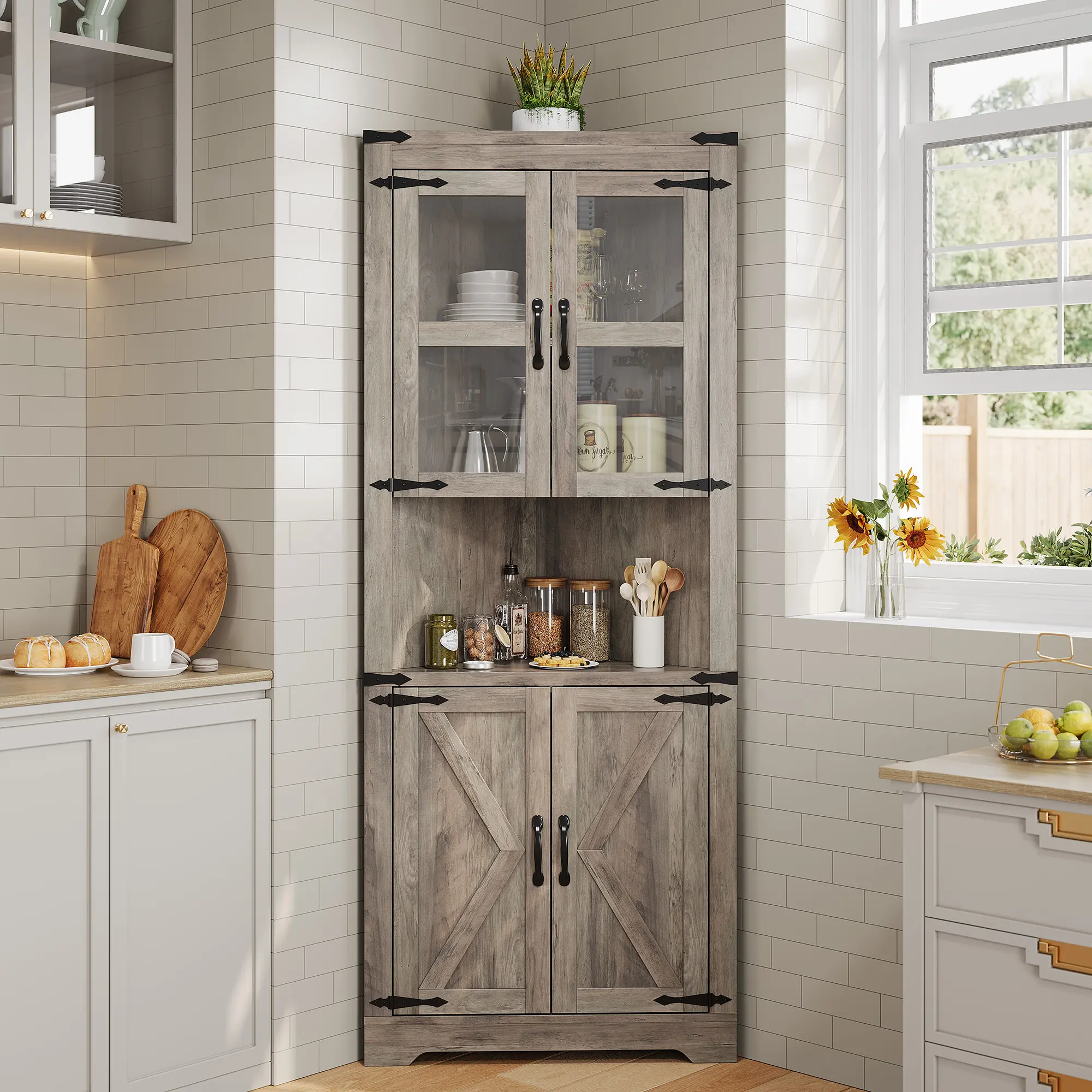 OP-Garvee 67" Tall Corner storage cabinet with Lights - Wooden Farmhouse Corner Hutch Display Cabinet with Glass Doors, Sturdy material，Large capacity，for Kitchen, Living Room, Bathroom Vanity Set Mirror dining table sand coffee