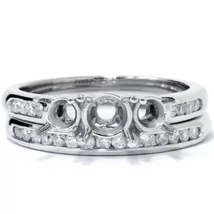 3/8ct Three Stone Engagement Wedding Ring Set 14K White Gold