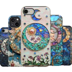 Stained Glass Celestial Moon And Sun Starry Night Sky Tough Phone Case, Celestial Blossom Designs For iPhone 17 16 15 14 13 12 11  Protection