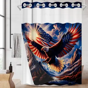 1pc 2D hookless shower curtain with snap fastener and inner lining EagleAmericanFlagWings Waterproof inner lining, transparent window, double-layer, 71 x 74 inches, modern decoration, Bathroom decoration accessories, Shower Curtain Liner