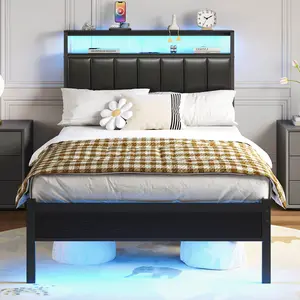 Queen Size Bed Frame with Charging Station and LED Lights,  Black Upholstered Headboard with 2-Tier Storage Shelves,Metal Bed Frame with Headboard, No Box Spring Needed, Easy Assembly, Black