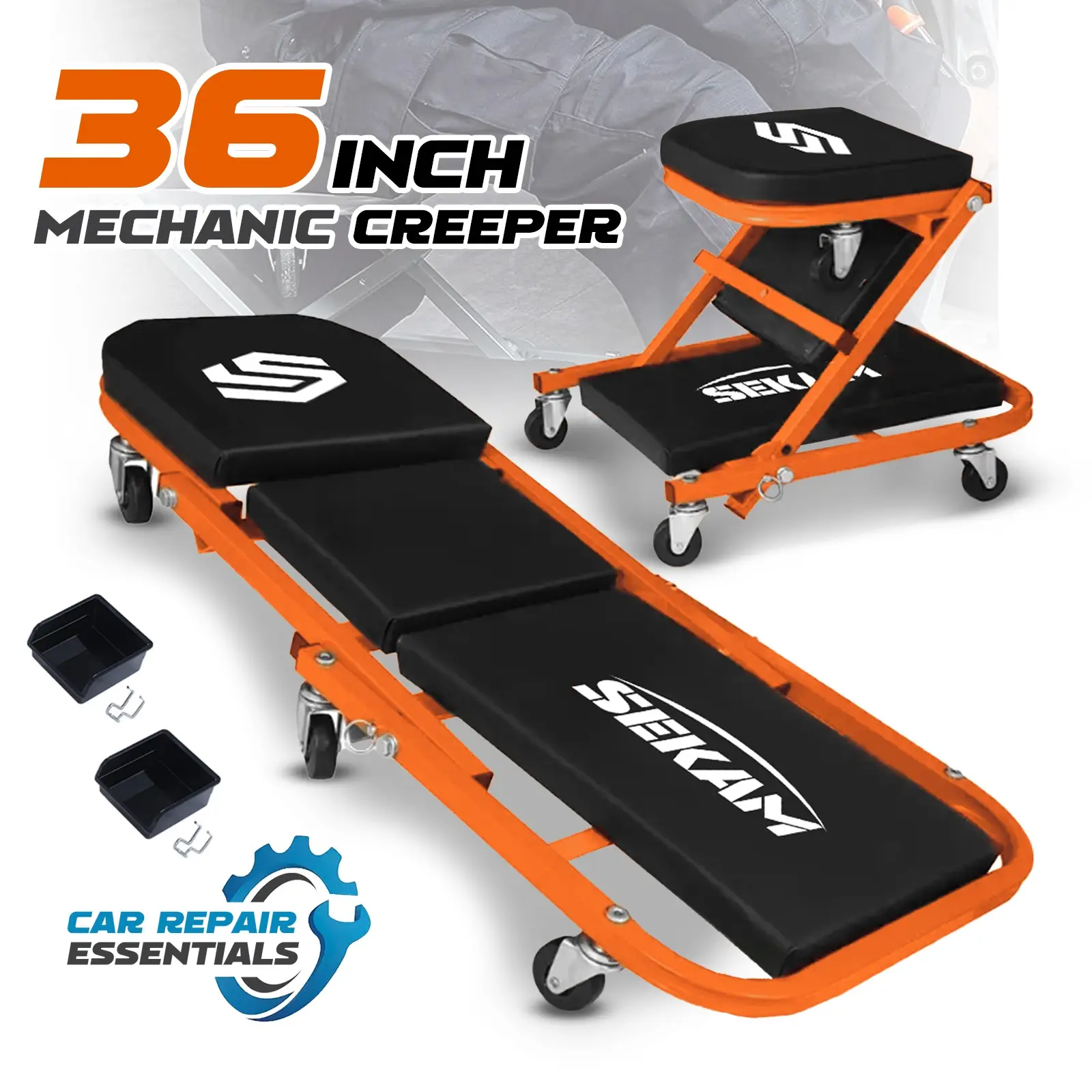 BEST GIFT for Car Guys - 2-in-1 Rolling Creeper Seat 36" Low-Profile, 300LBS Capacity in Orange & Green