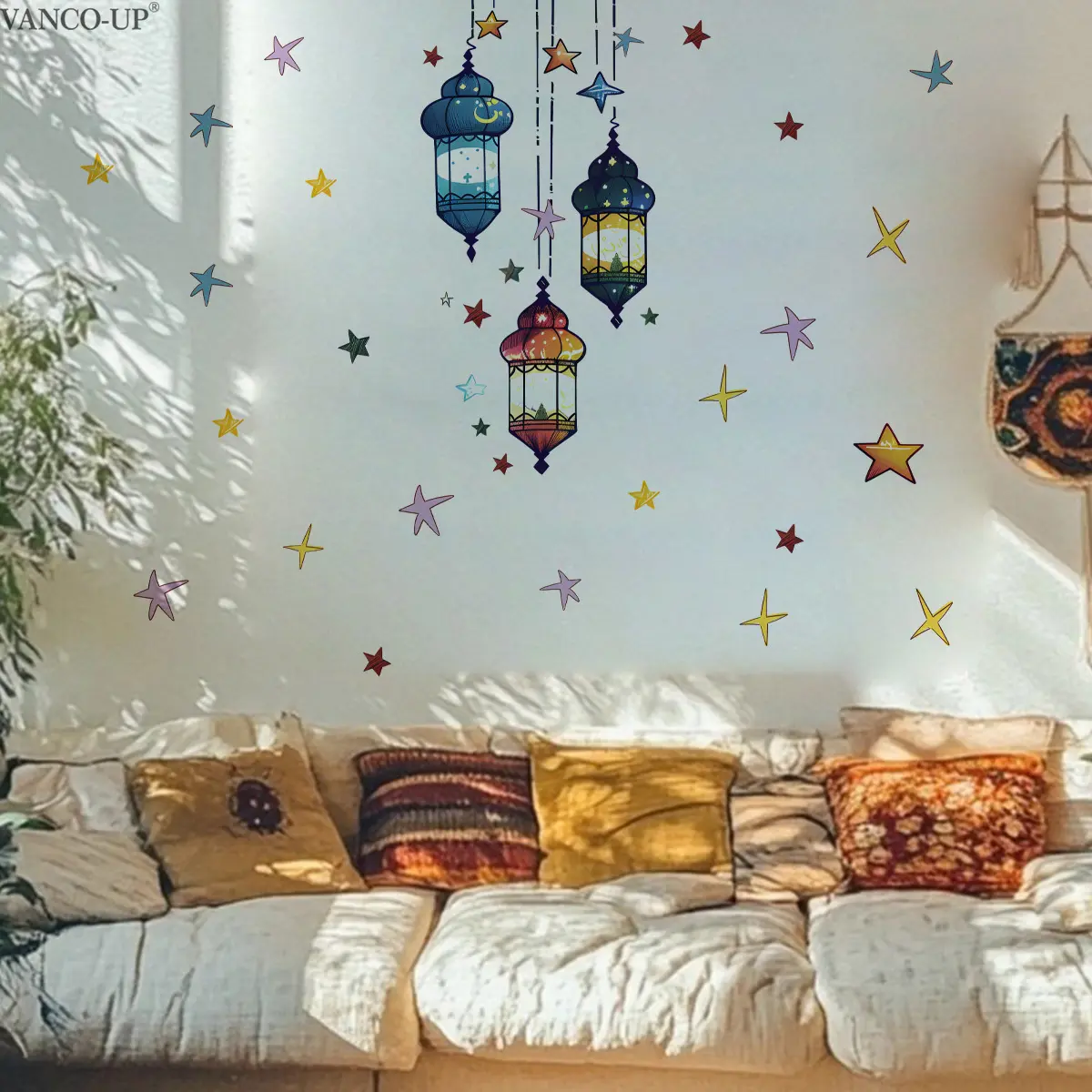 A new 2D flat Ramadan hand-painted wall sticker (30*60cm) featuring three lanterns and shining stars, suitable for creative home decoration in bedrooms, living rooms, foyers, and corridors to beautify the background wall - M20769-KR