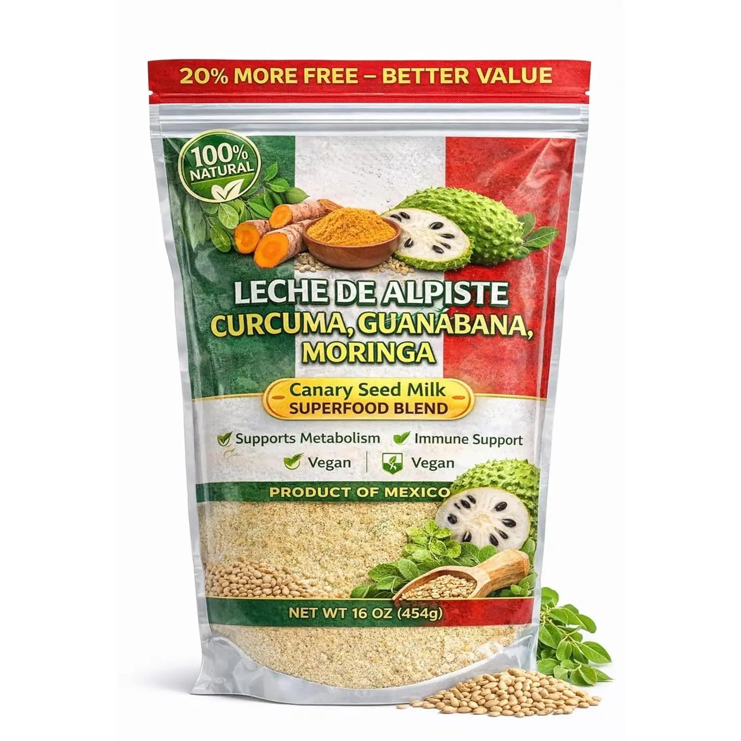 1Lb Manteniendo Tu Salud Menos Diabetes Mas Salud Powder Leche de Alpiste, Curcuma, Guanabana & Moringa Premium Canary Seed Milk – with Turmeric, Soursop & Moringa – Superfood Blend 16 oz – Vegan, Dairy-Free, Non-GMO, 100% Natural