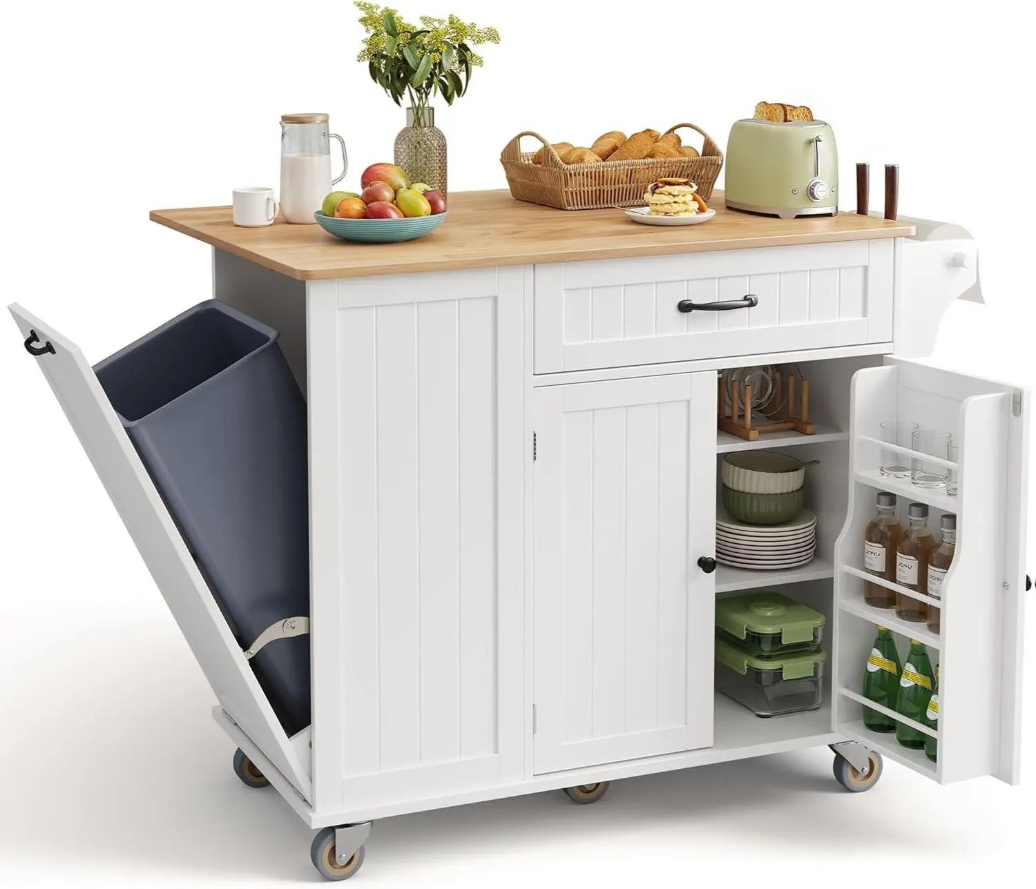 Gizoon Sturdy Waterproof Modern White Wood Floor Cabinet Kitchen Island - 44.49" Rubberwood Drop Leaf Top, Hidden Tilt-Out Trash Cabinet, Metal Knife Holder, Adjustable Shelf, Towel Bar, Drawer, Spice Rack, Wheels, Tools Included, Assembly Required