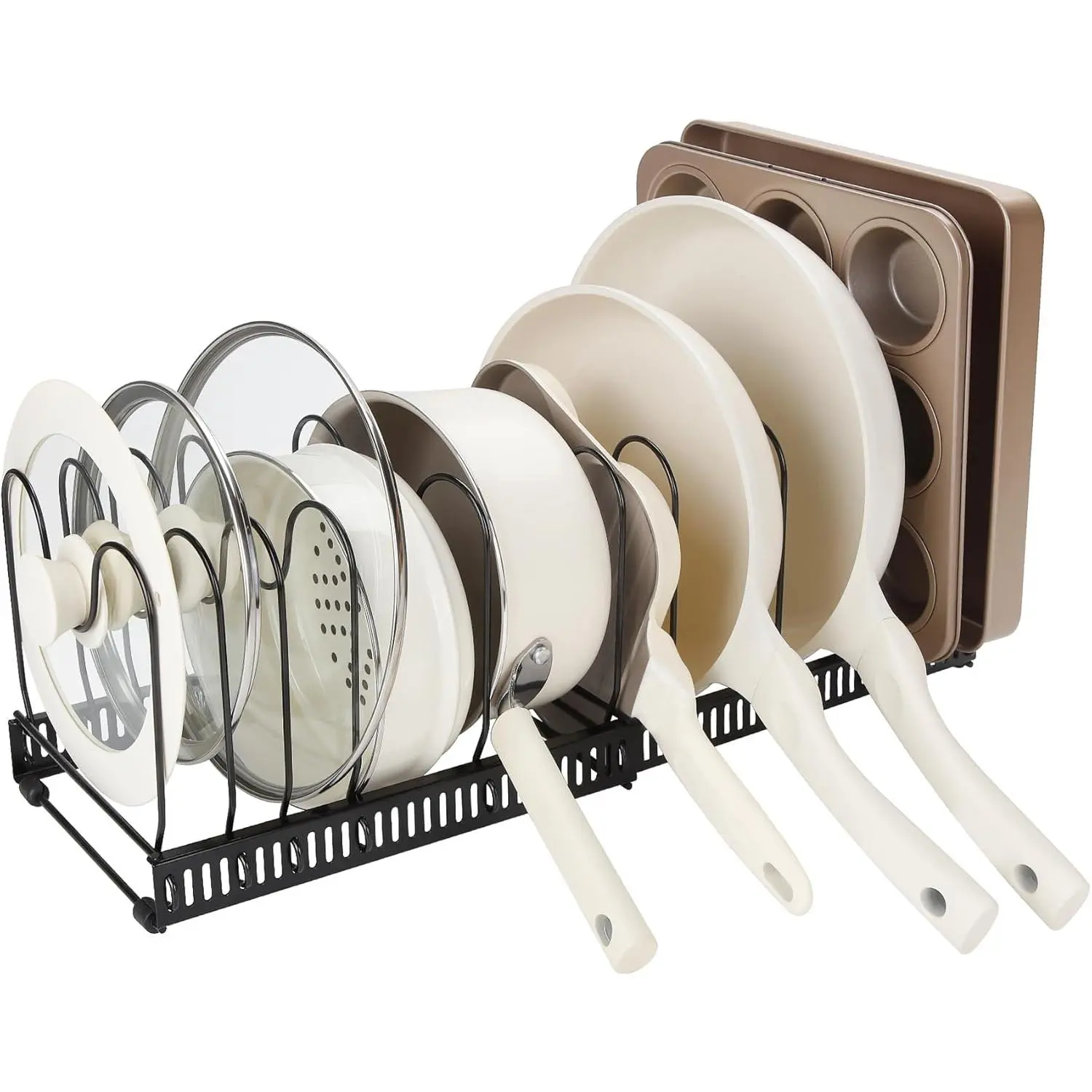 Black Expandable Under Cabinet Pot and Pan Rack, 11.81in-22.83in Organizer with 14 Adjustable Dividers for Lids, Baking Trays, Skillets (14 Dividers-A)