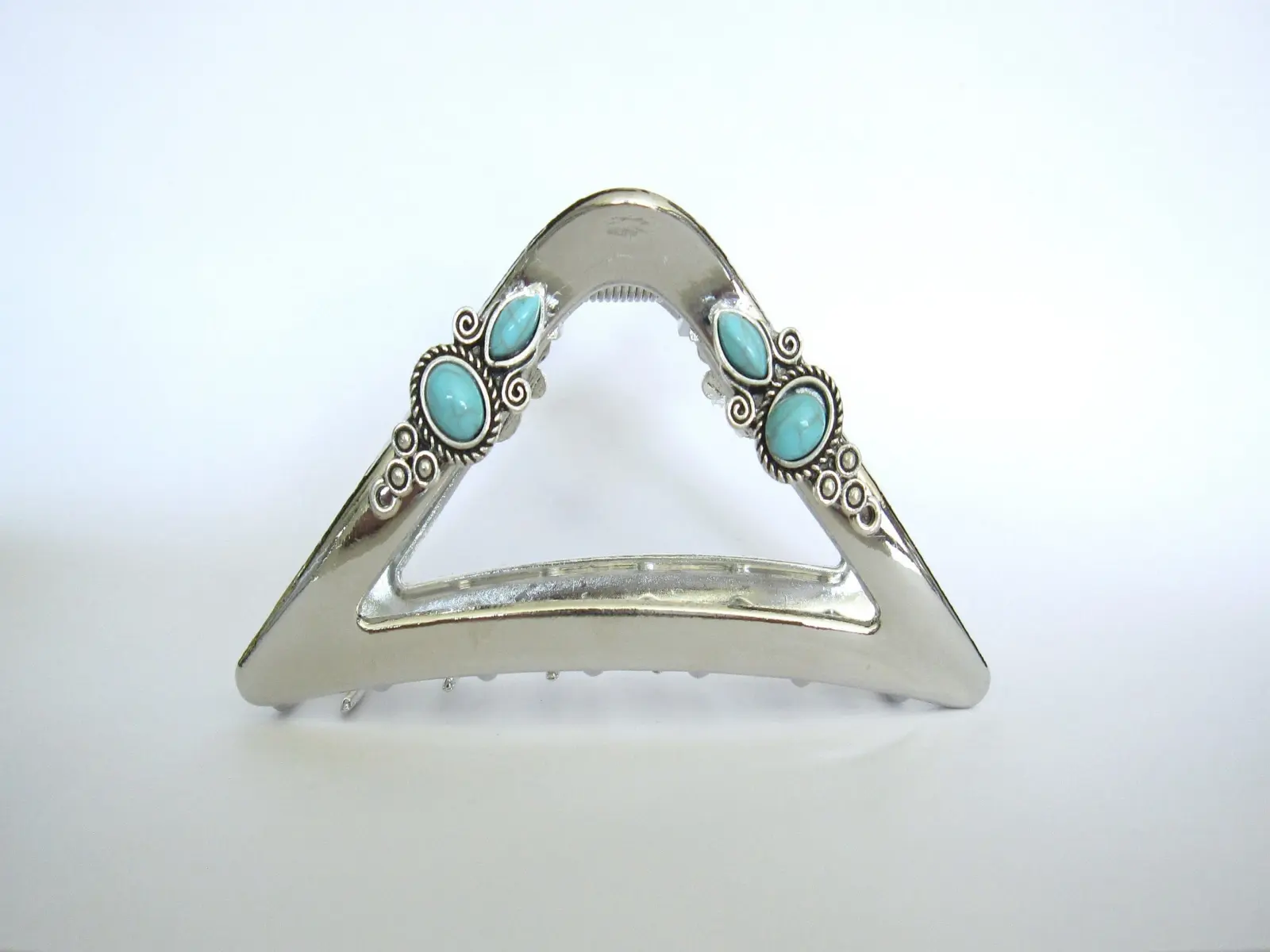 Large shiny triangle silver turquoise blue design metal native tribal hair claw clip