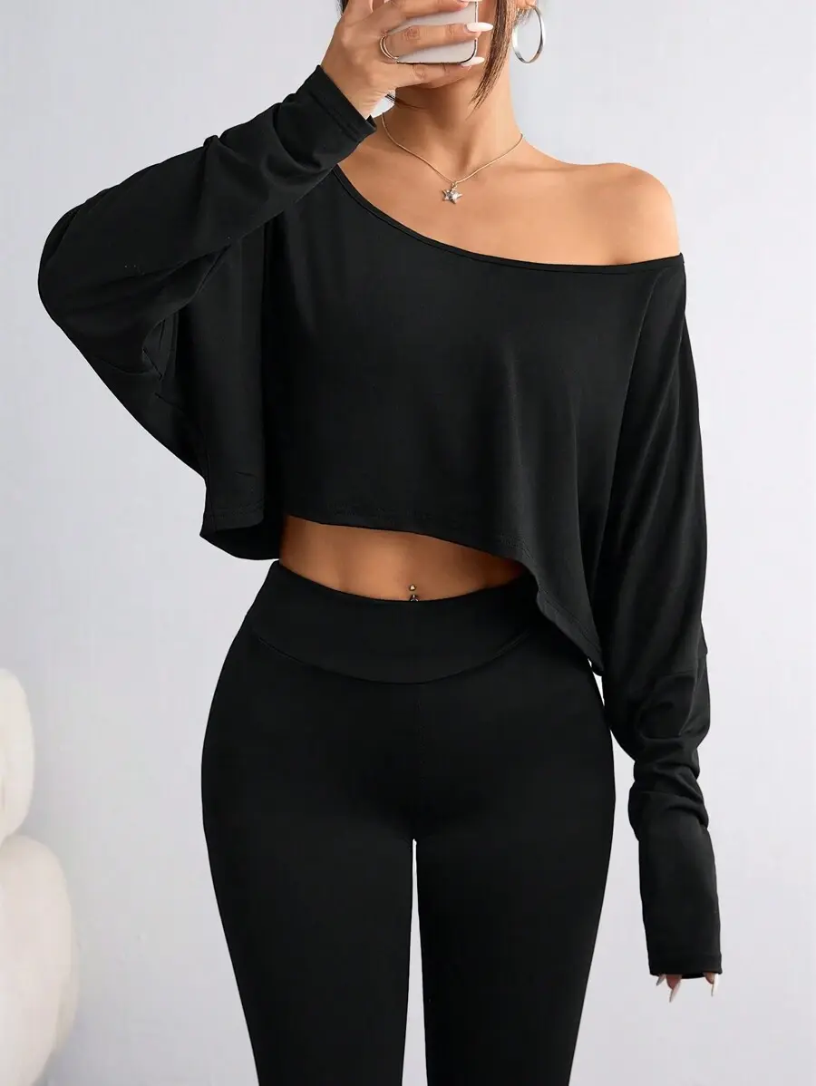 Women's Cropped Batwing T-Shirt Cold Shoulder Asymmetrical Long Sleeve Top for Work and Errands