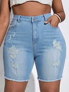 Women's Plus Size Denim Shorts, Ripped Design, Elastic Comfortable Fabric, Summer Fashion, Casual Trendy Jeans, Natural Waist, Zipper Fly