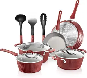 NutriChef NCCW11RDL Non-stick Kitchenware Pots & Pans Set - 11 Pcs. with Elegant Diamond Line Pattern, Gray Inside & Red Outside, Metal + Silicone Handles, PTFE/PFOA/PFOS Free, Induction Ready, Multi-Sized Cooking Pots with Lids