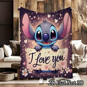 DISNEY CLASSIC Stitch Star & Heart Print Flannel Blanket - "I Love You" Cartoon Design, Soft, All-Season Cozy Throw Blanket