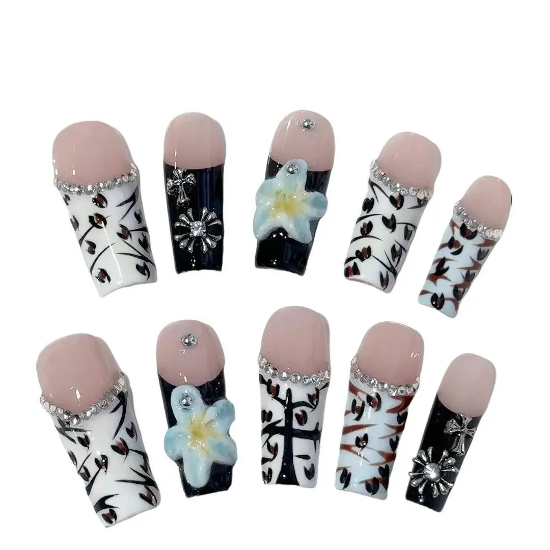 W99 Millennial Blue Floral Zebra Print Hand-Drawn Long Press On Nails, Decorative Nails with Diamond Jelly Glue, Sparkly Studded Rhinestones, Nail Press On Nails