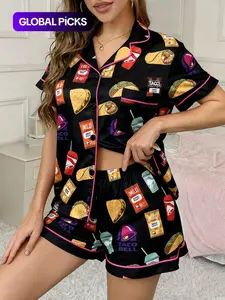 Women's 2-Piece Full-Body Snack & Beverage Print Sleepwear Set (Short Sleeve & Shorts) - Soft Comfort Top with Small Pockets, Turned-Down Collar, Button Closure, Elasticated Waistband, Suitable for Year-Round Home Wear - Button Front Shorts Pj Set