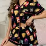 Women's 2-Piece Full-Body Snack & Beverage Print Sleepwear, Loungewear Set - Soft Top with Small Pockets, Turned-Down Collar, Button Closure, Elasticated Waistband, Suitable for Year-Round Home Wear - Button Front Shorts Pj Set