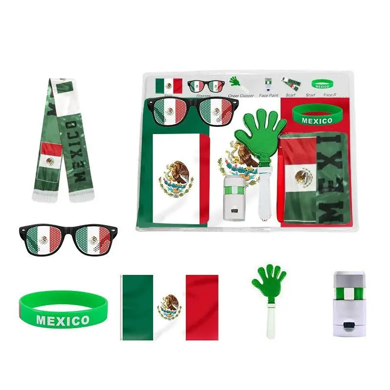 Game Day Synthetic 5-Piece Soccer Fan Cheer Set - Multi-Country & Mexico Flag Pattern, Leather-Like Accessories (Scarf, Sunglasses, Face Paint) for Sports Events, All Ages