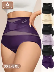 6 Pack 0XL-8XL Plus Size Women's High-Waisted Underwear Set, Panties, Breathable Mesh Design, Postpartum Belly Control, Ice Silk Fabric, Fitted Style, All Seasons Wear