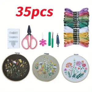 3 Pack Beginner Embroidery Kits for Adults, DIY Starter Set with Stamped Flower Designs, Embroidery Hoop, Colorful Threads, Tools