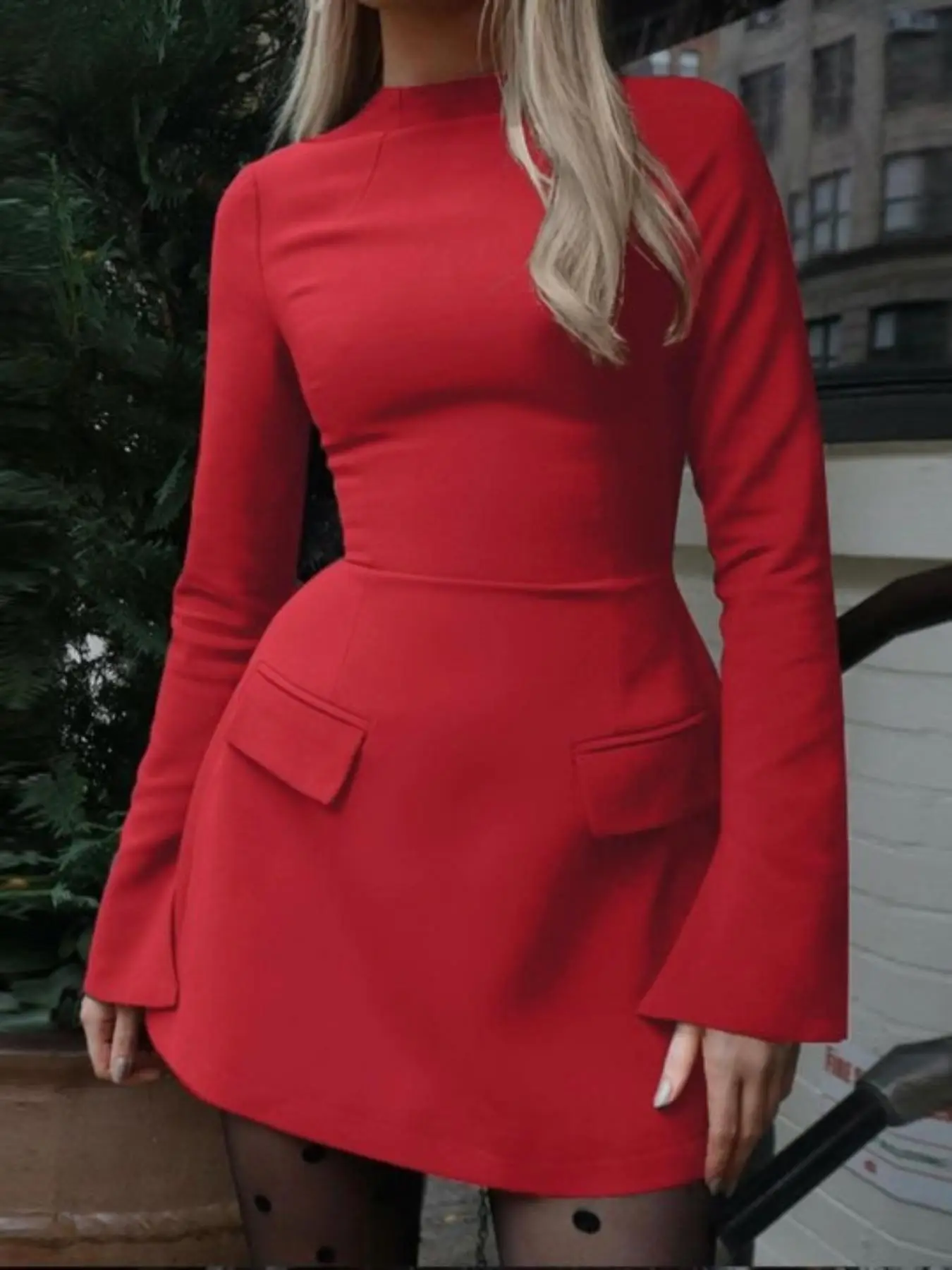 Women's Plain Split Flounce Sleeve Flap Detail A Line Dress, Elegant Long Sleeve Stand Collar Short Dress for Party Holiday Wedding Guest, Ladies Spri