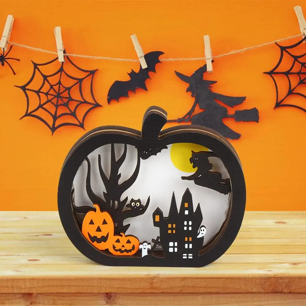 Light Up Halloween Pumpkin Table Decor, Wooden Halloween Table Sign & Centerpiece, Spooky Pumpkin Tabletop Decoration with LED Fairy Lights, Halloween Party Decor for Home, Office, Mantel, Shelf & Desk, Halloween Gift, Best Gift, Attractive Gift