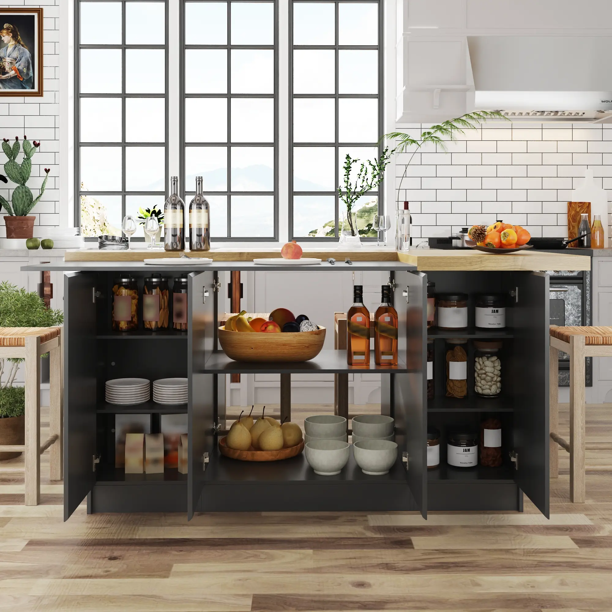 FUFU&GAGA 6.4ft L-Shaped Kitchen Island with Wood Top | 6-Door Storage Cabinet, Breakfast Bar & Dining Table for 4-6 People