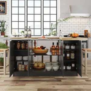 FUFU&GAGA 6.4ft L-Shaped Kitchen Island with Wood Top | 6-Door Storage Cabinet, Breakfast Bar & Dining Table for 4-6 People