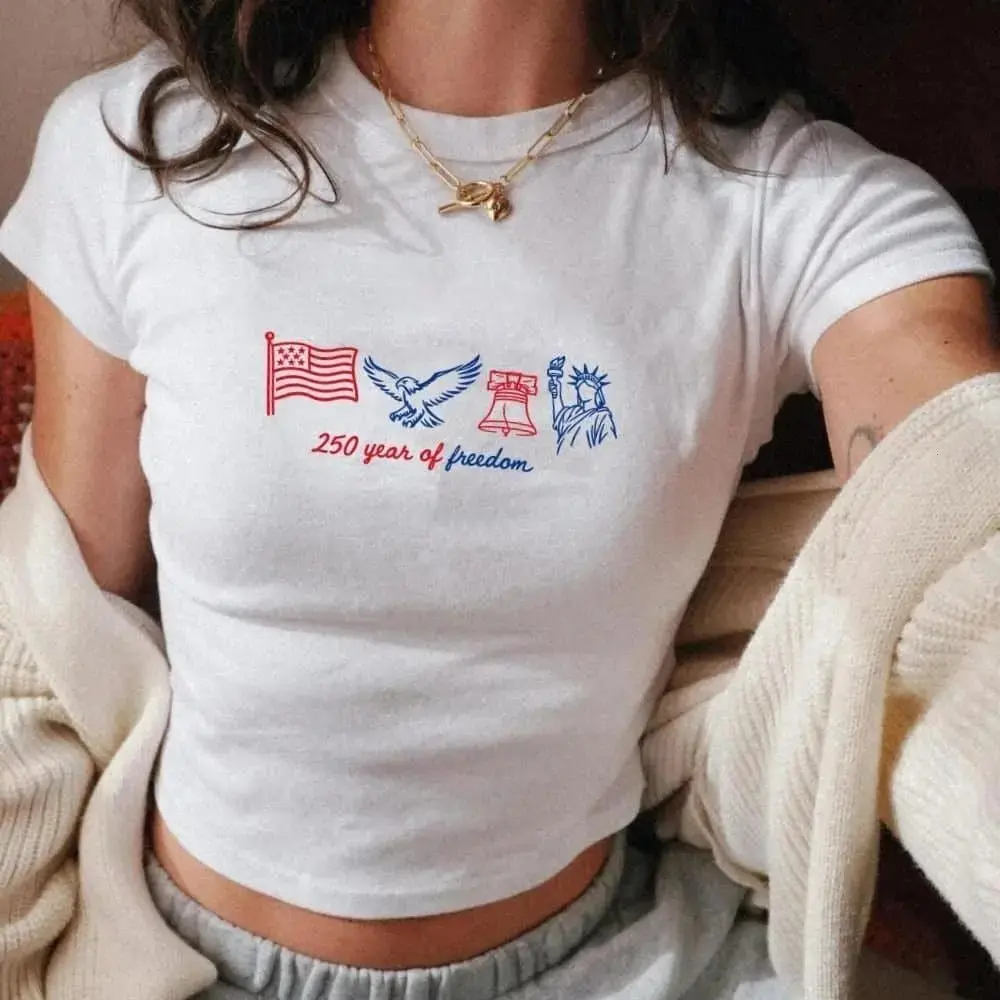Women's Short Sleeve America250 Graphic Crop Baby Tee - 100% Cotton, Casual, Comfy, Fit, Patriotic American Icons Top for 4th of July