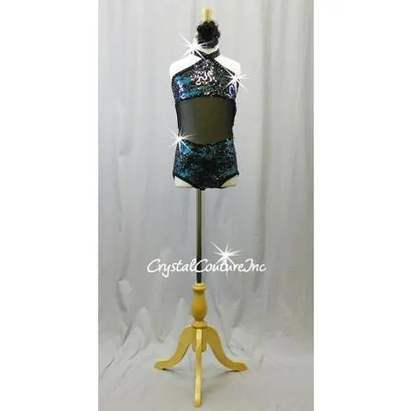 Black Lace/Sequin Leotard with Turquoise Blue Top & Trunk- Swarovski Rhinestones