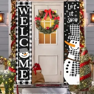 Christmas Welcome Porch Sign Set, Snowman & Buffalo Plaid Design, Indoor Outdoor Holiday Decor, Home Decor Ornaments, Polyester Material, Winter Party Accessories