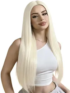 Cream White 13x4 Lace Front Wig Free Part Straight Wig Pre Plucked Natural Hairline Heat-Resistant Synthetic Wig for Women Party Cosplay Stage  28 Inches