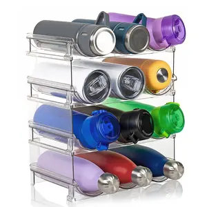 4 Tier Stackable Water Bottle Organizer for Cabinet - Premium Clear Holder for Tumbler, Cup, Travel Mug, Wine Rack Display - 12 Bottles Multicolor Acrylic Shelf, Beverage Organizer, 4-Layer
