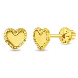 14k Gold Braided Edge Heart Kids / Children's / Girls Earrings Safety Screw Back