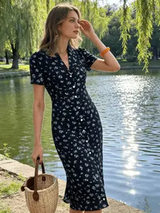 Elegant Ditsy Floral Midi Dress, Fitted, Single Button Closure, Short Sleeves, Waist Cinching Design, Perfect for Spring & Summer